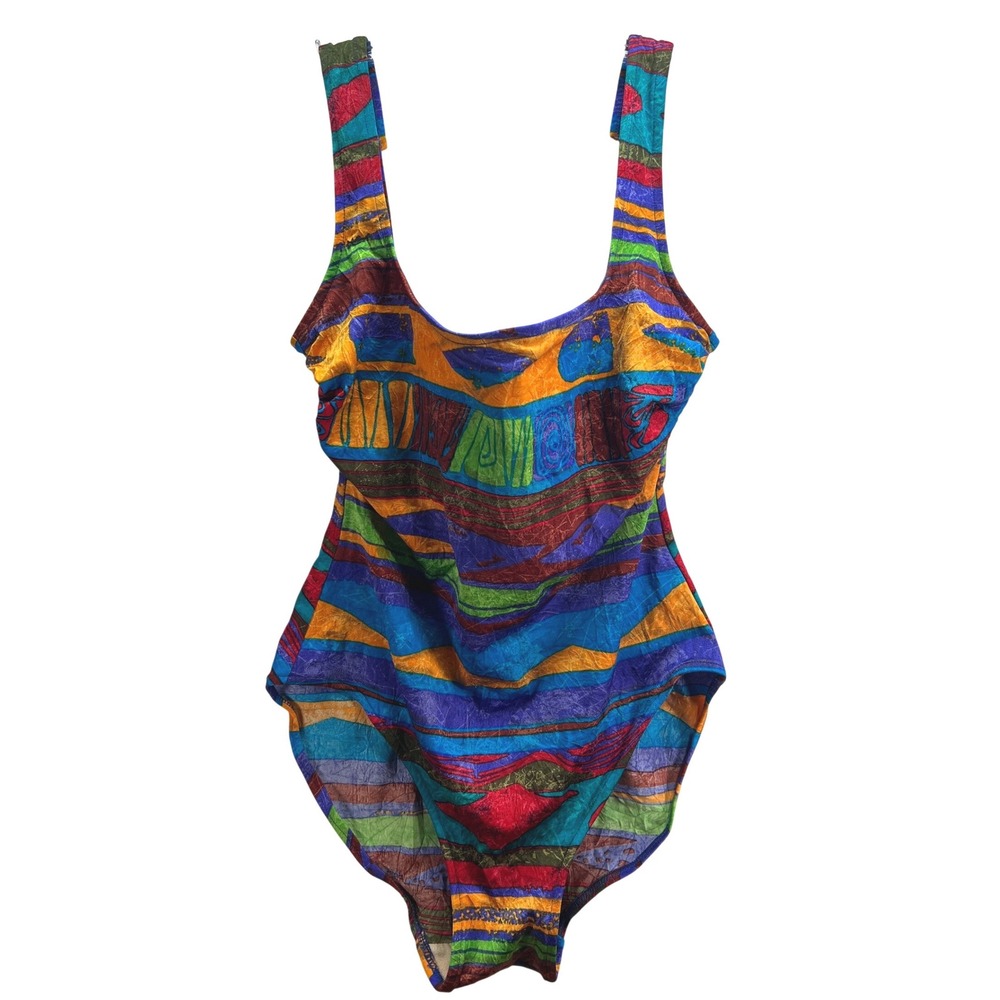 Vintage Casini Abstract Geometric One Piece Swimsuit Multi Color Metallic USA